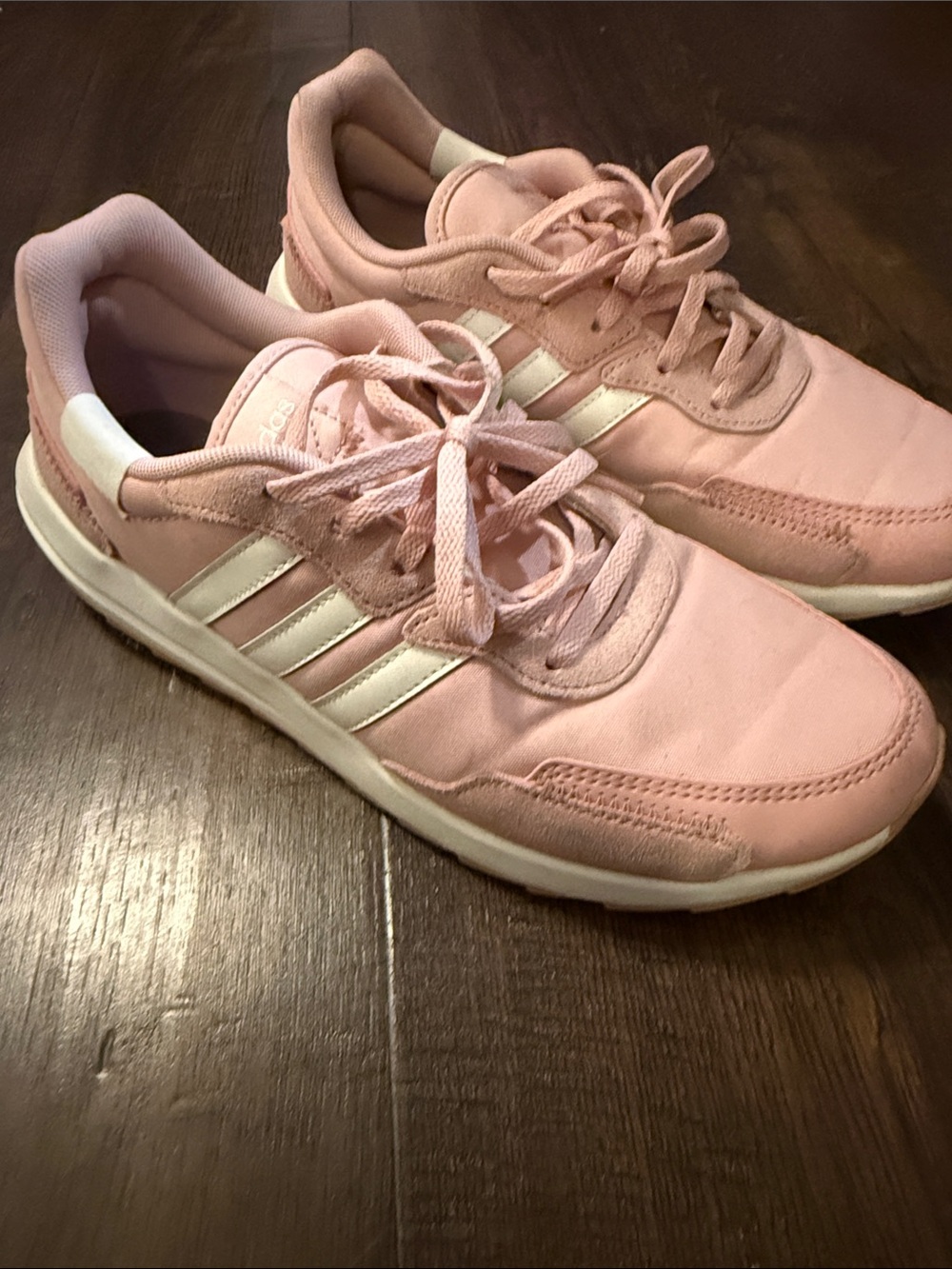 adidas Women's Light Pink Lace-Up Athletic Sneakers with White Stripes